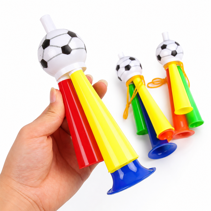 Four piece soccer party horn set with compact collapsible design for easy storage, carrying and repeat fan use at home now!!!