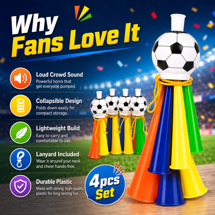 Match day accessory set with football themed horn tops, colorful tubes and lanyards for hands free supporter style party fun!