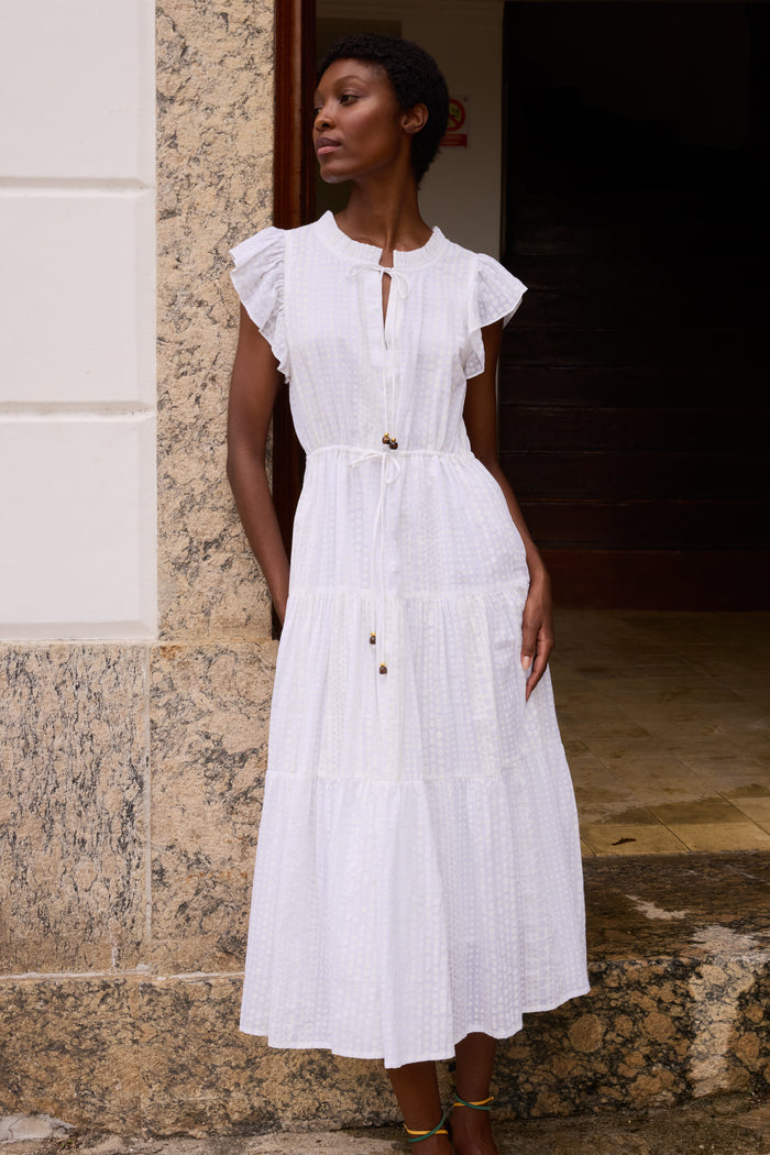Cinched Flirty Midi- Domino White