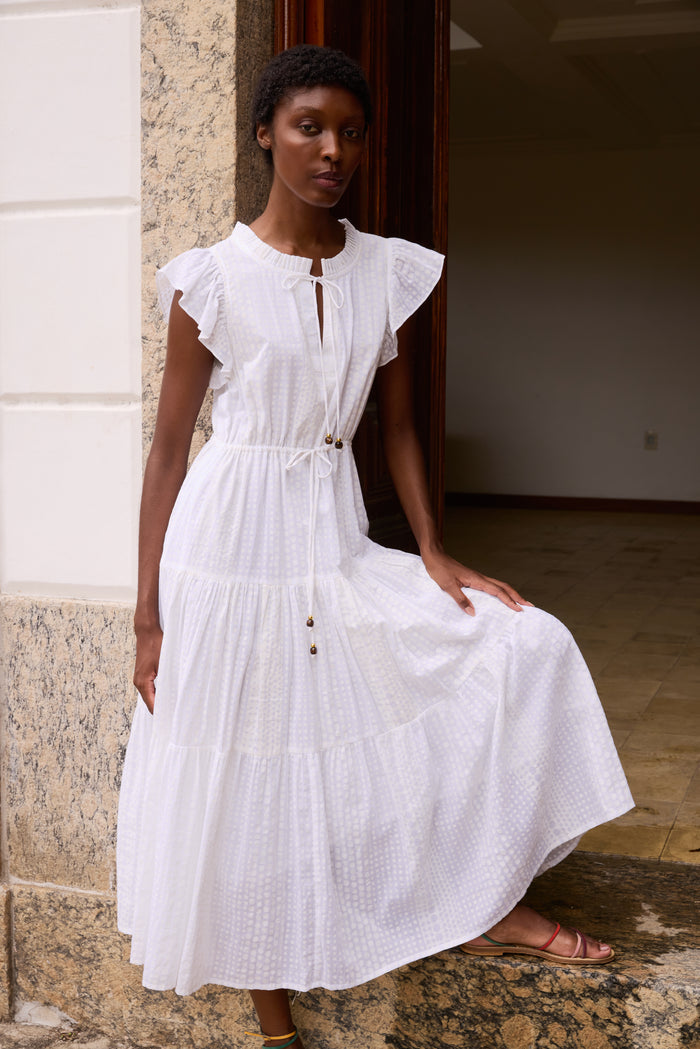 Cinched Flirty Midi- Domino White