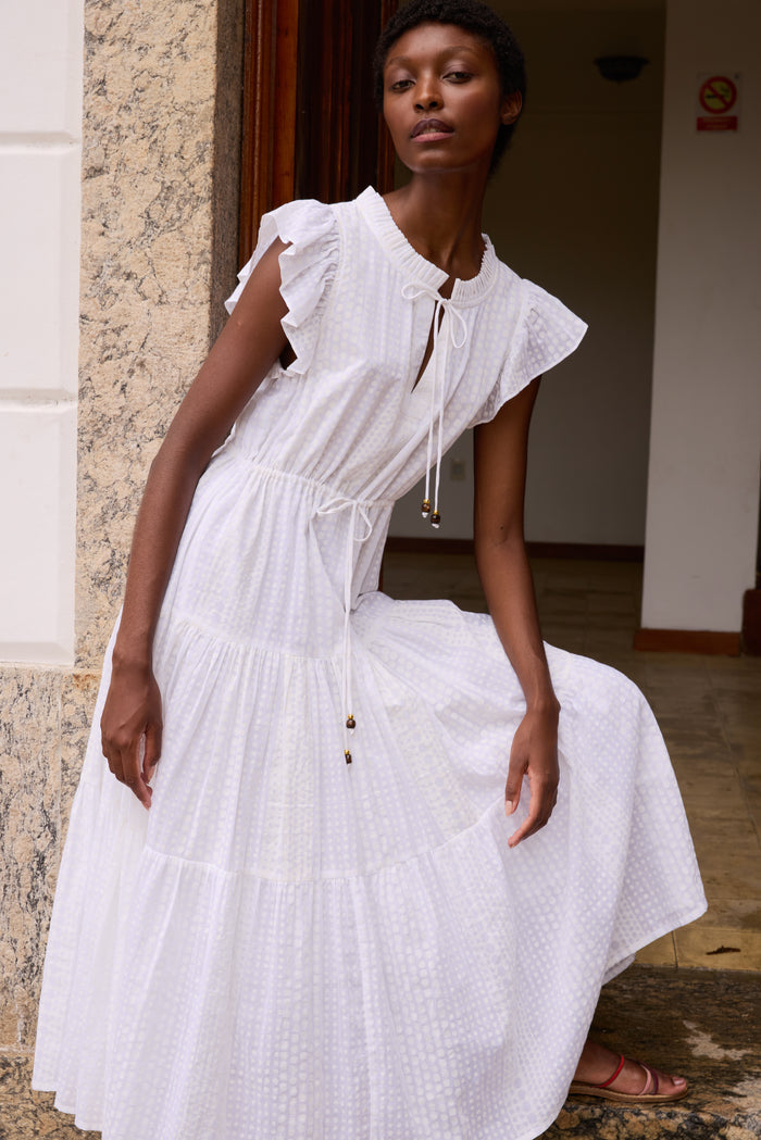 Cinched Flirty Midi- Domino White