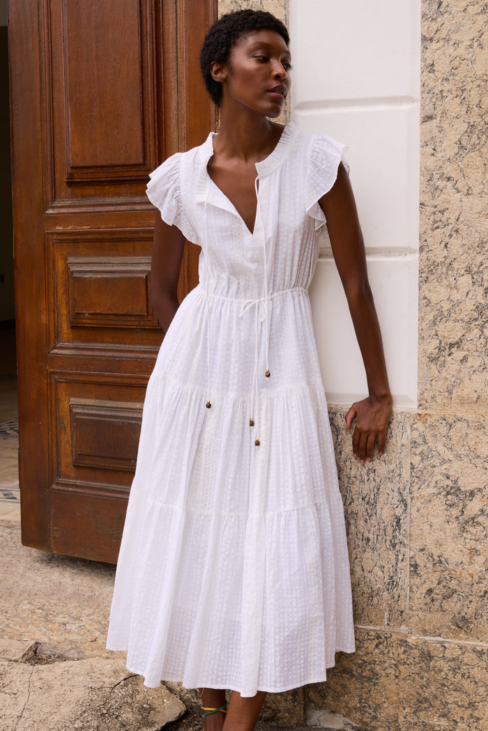 Cinched Flirty Midi- Domino White