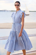 Cinched Flirty Midi- Henley Blue
