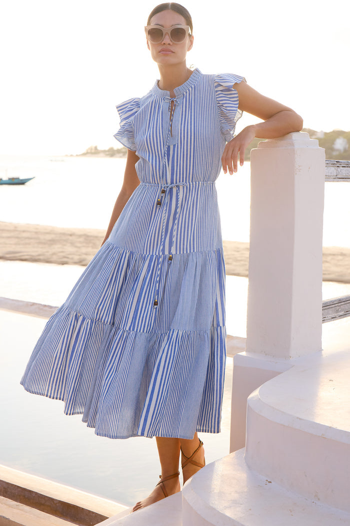 Cinched Flirty Midi- Henley Blue