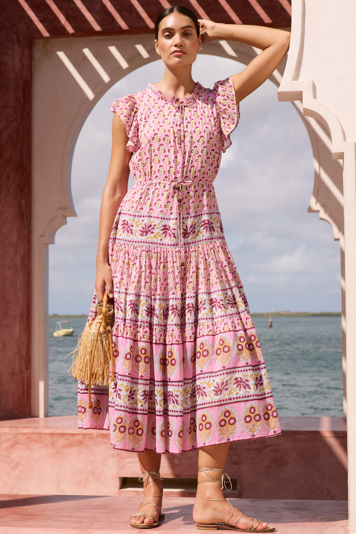 Cinched Flirty Midi- Riad Rhubarb