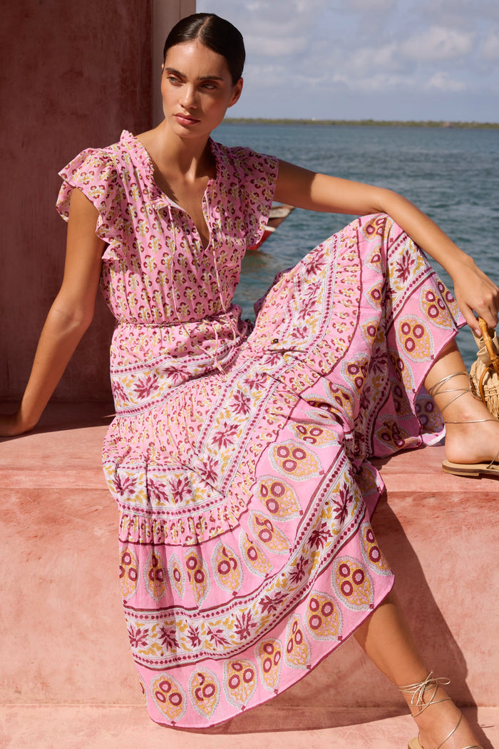 Cinched Flirty Midi- Riad Rhubarb