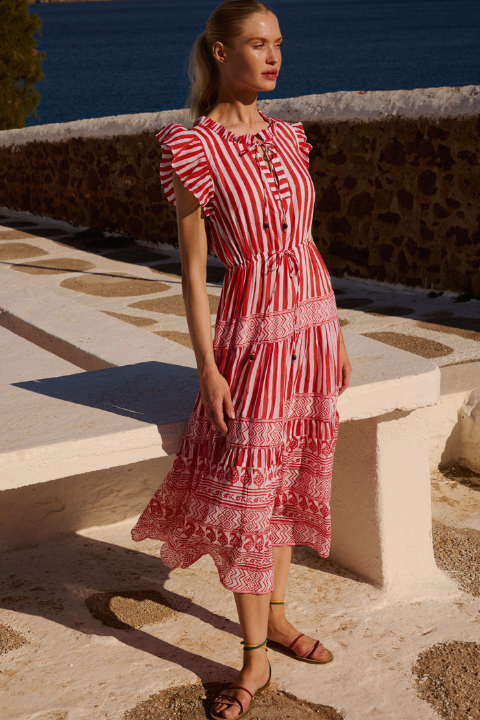Cinched Flirty Midi- Santorini Red