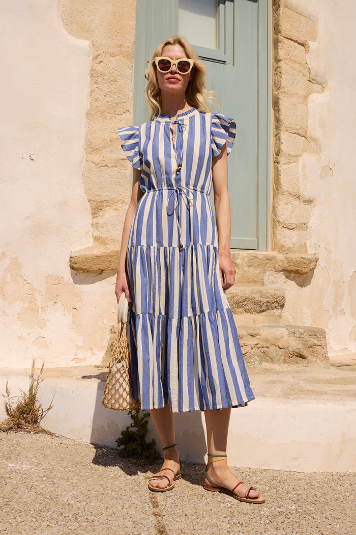 Cinched Flirty Midi- Solana Blue