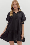 Women's black zipper dress with black and tan ribbed trim by Entro