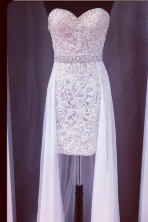 Classic Prom Dress 2024 Sweetheart Neck Short Beaded Chiffon with Train