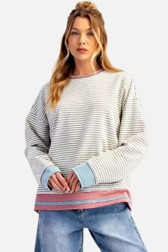 Colorblock Accents Grey Striped Pullover