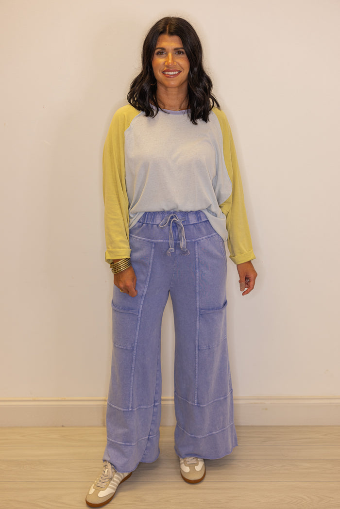 Women's light blue and dijon yellow colorblock knit top by Easel showing full front view