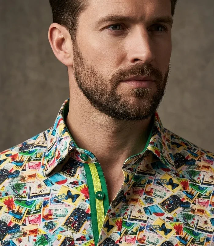 Colourful Stamp Print Satin Cotton Shirt with Matching Handkerchief