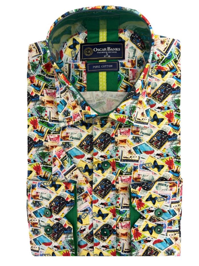 Colourful Stamp Print Satin Cotton Shirt with Matching Handkerchief-Makrom