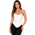 Front view of structured corset-style top with pointed hem and sculpted silhouette