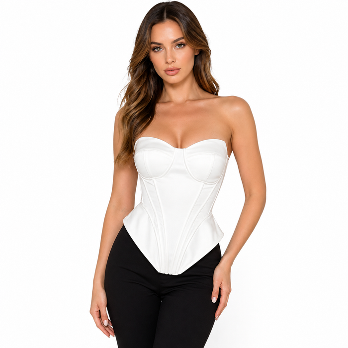 Front view of structured corset-style top with pointed hem and sculpted silhouette