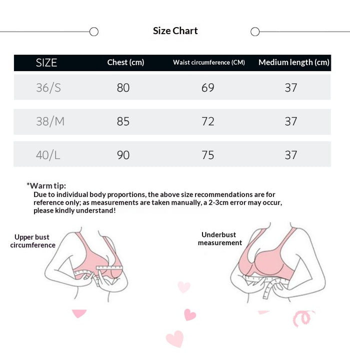 Size chart for a product with measurements in centimeters