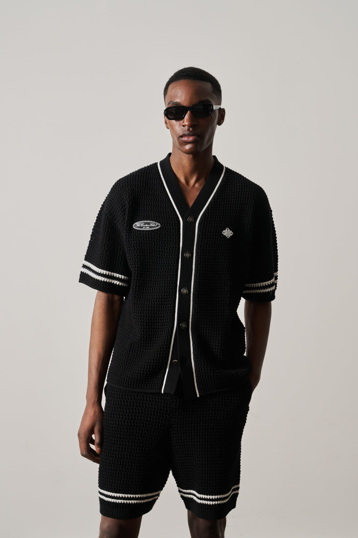 CROCHET KNITTED BASEBALL SHIRT - BLACK