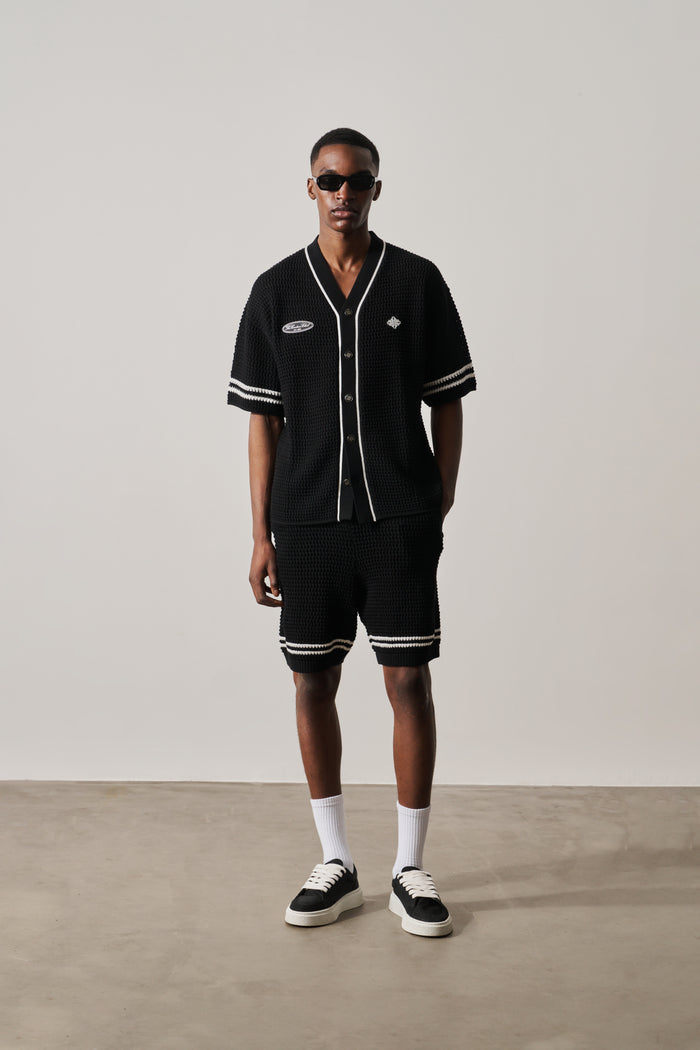 CROCHET KNITTED BASEBALL SHIRT - BLACK
