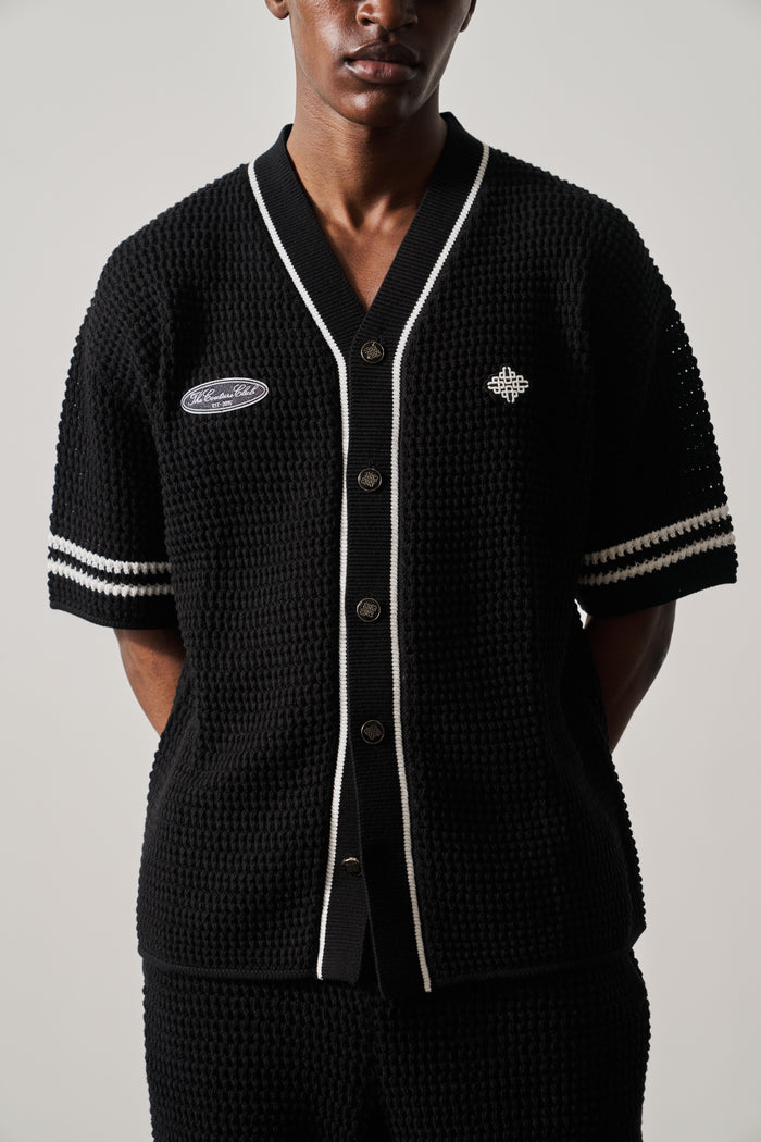 CROCHET KNITTED BASEBALL SHIRT - BLACK