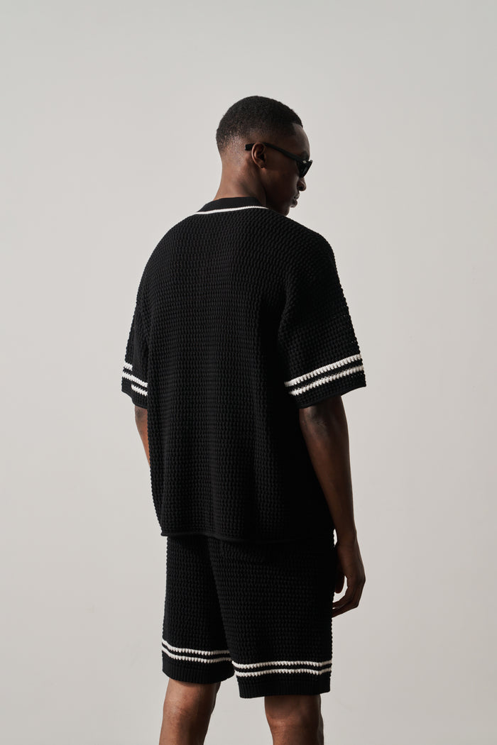 CROCHET KNITTED BASEBALL SHIRT - BLACK