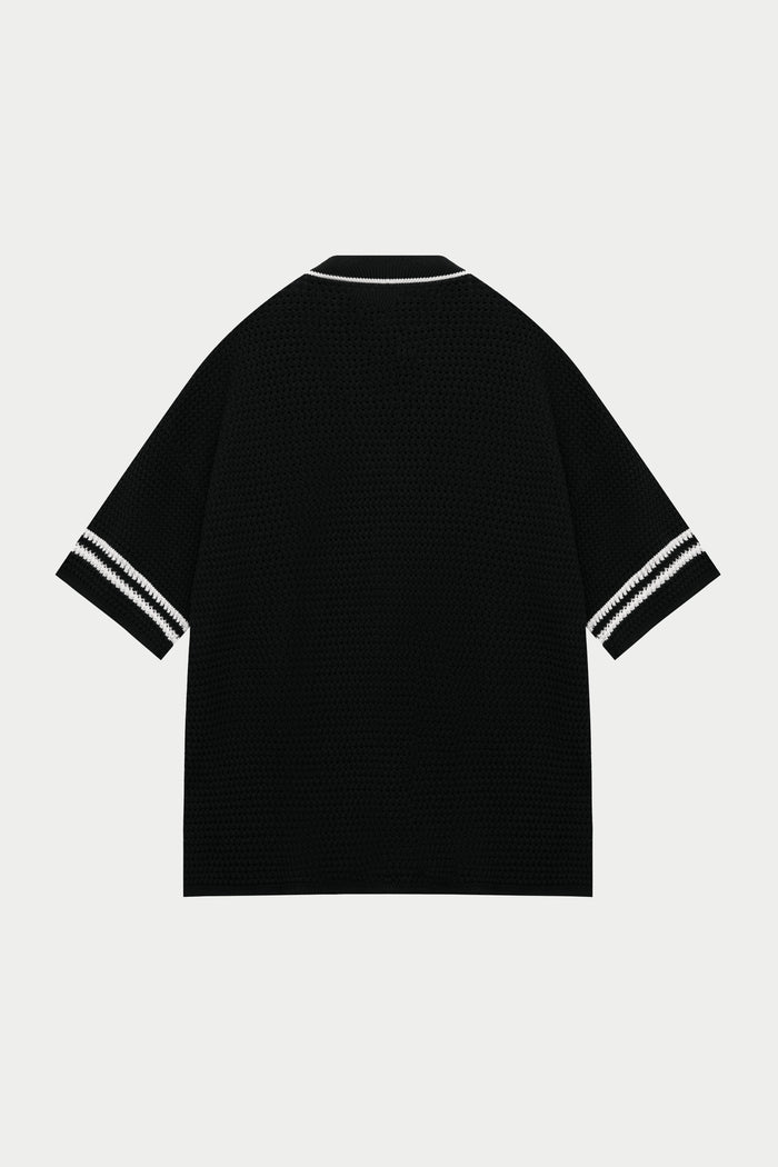 CROCHET KNITTED BASEBALL SHIRT - BLACK