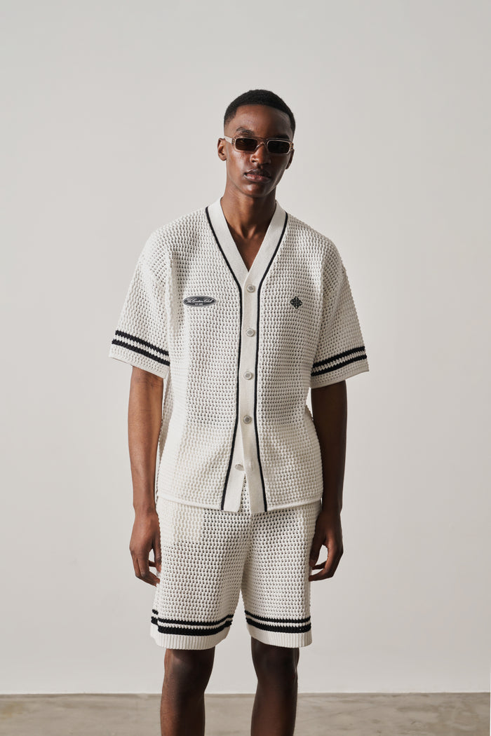 CROCHET KNITTED BASEBALL SHIRT - WHITE