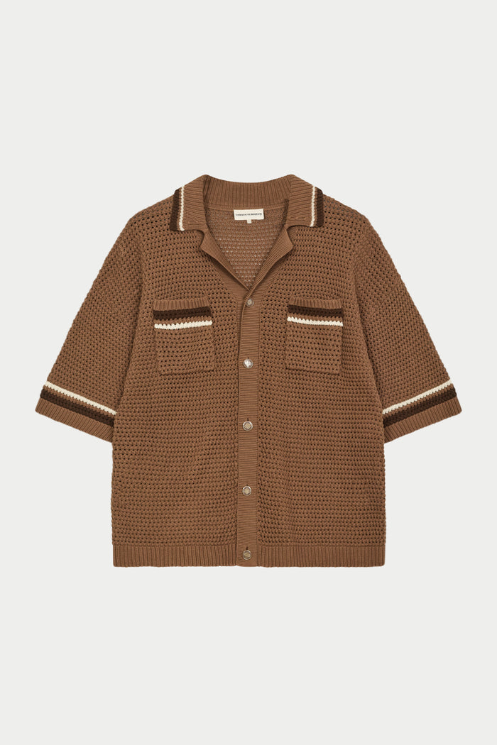 CROCHET KNITTED STRIPE SHIRT - BROWN