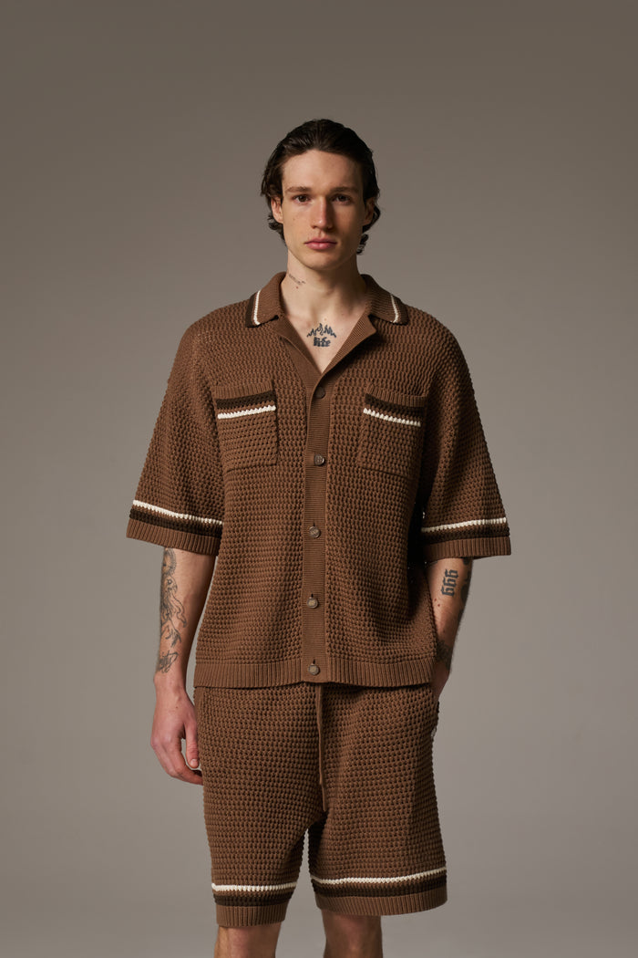 CROCHET KNITTED STRIPE SHIRT - BROWN