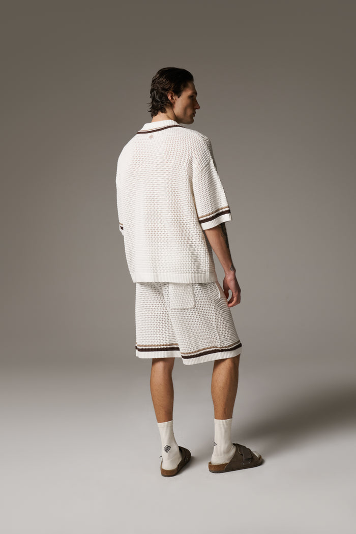 CROCHET KNITTED STRIPE SHIRT - WHITE/BROWN