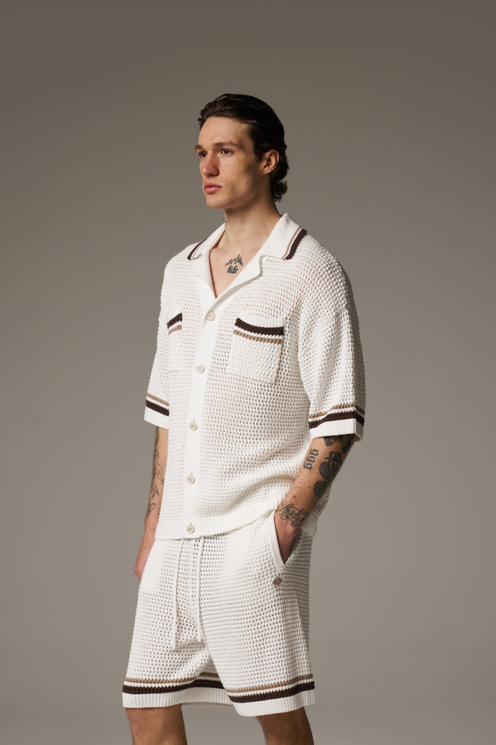 CROCHET KNITTED STRIPE SHIRT - WHITE/BROWN