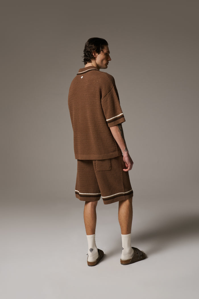 CROCHET KNITTED STRIPE SHORTS - BROWN