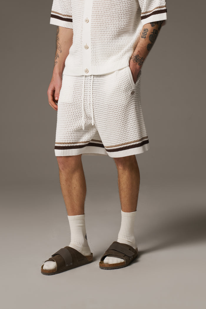 CROCHET KNITTED STRIPE SHORTS - WHITE/BROWN
