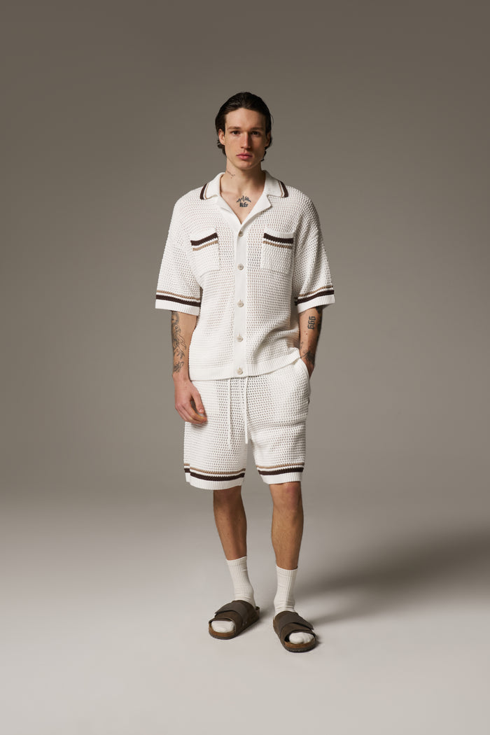 CROCHET KNITTED STRIPE SHORTS - WHITE/BROWN