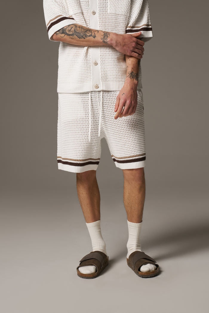 CROCHET KNITTED STRIPE SHORTS - WHITE/BROWN