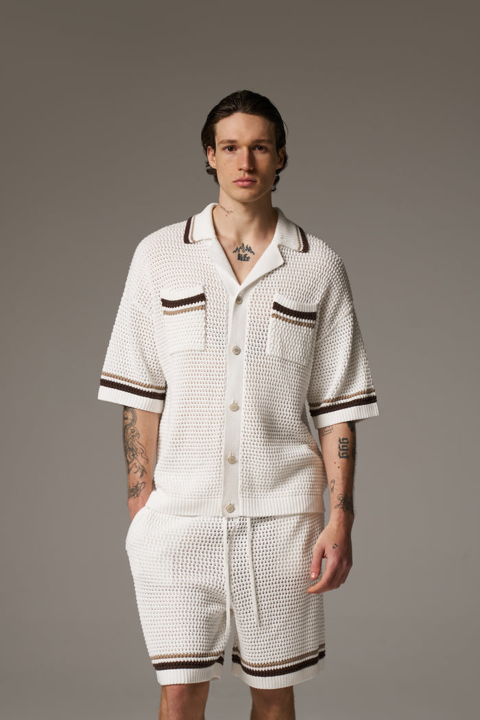 CROCHET KNITTED STRIPE SHORTS - WHITE/BROWN