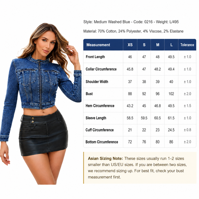 Women's short jean jacket with dark blue denim look, zip front, collarless neckline, and waist-length crop for daily outfits.