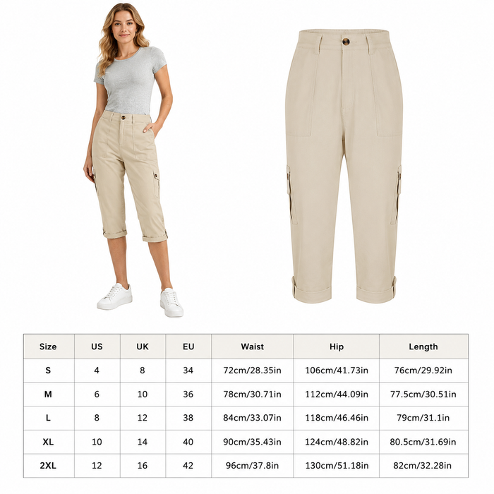 Women cropped pants with multiple pockets, solid color woven polyester design, natural waist and elegant commuter style daily