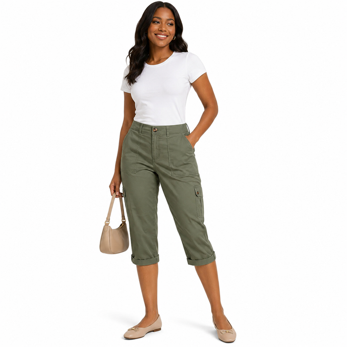 Casual cropped pants for women in polyester fabric with pocket details, medium thickness, clean office outfit style today now
