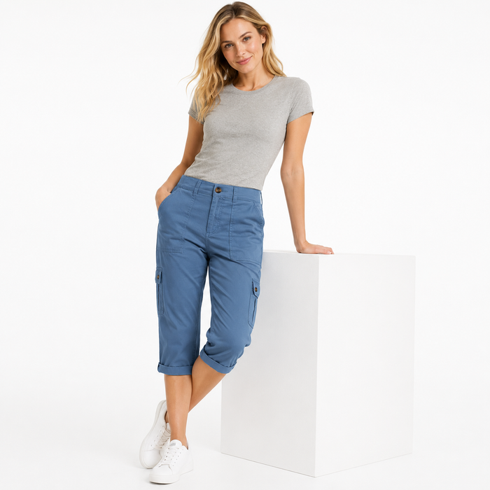 blue cropped pants for women with pockets, solid woven polyester design for fresh casual and commuter outfits now today