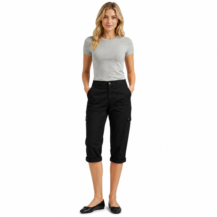 Black cropped pants for women with pockets, woven polyester look for commuting, casual workdays and everyday styling idea now