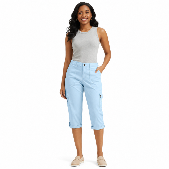 Light blue cropped pants for women with pockets, solid woven polyester design for fresh casual and commuter outfits now today