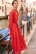 Cuff Sleeve Tie Waist Maxi- Samur Red