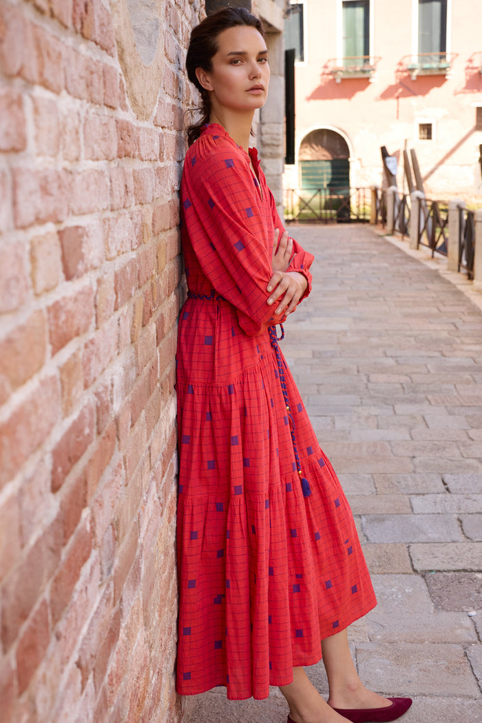 Cuff Sleeve Tie Waist Maxi- Samur Red