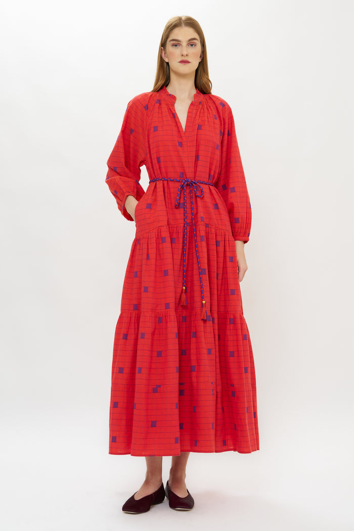 Cuff Sleeve Tie Waist Maxi- Samur Red