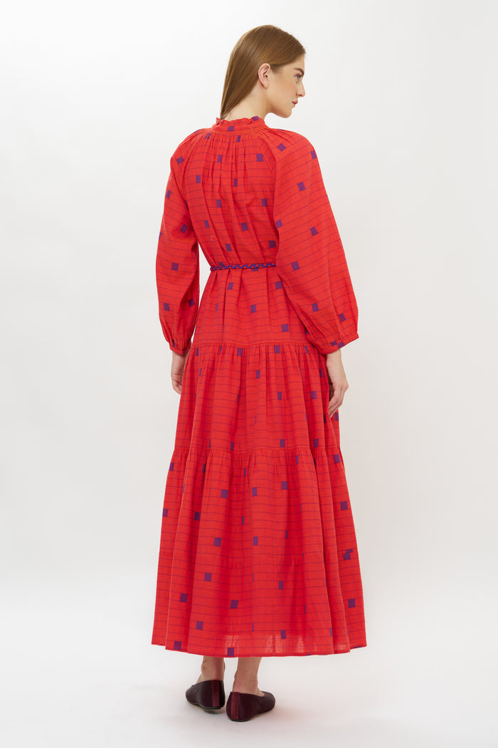 Cuff Sleeve Tie Waist Maxi- Samur Red