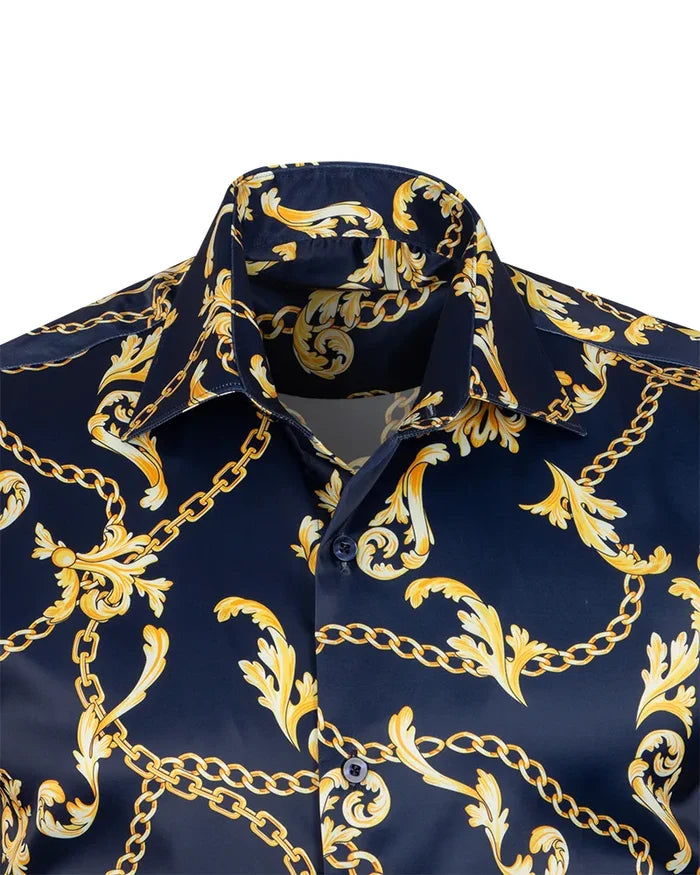 Dark Blue Baroque Chain & Paisley Print Men`s Shirt-Makrom