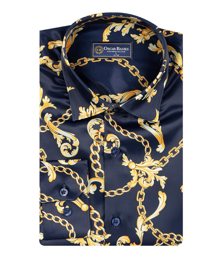 Dark Blue Baroque Chain & Paisley Print Men`s Shirt-Makrom