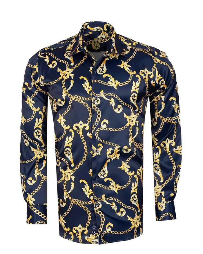 Dark Blue Baroque Chain & Paisley Print Men`s Shirt-Makrom