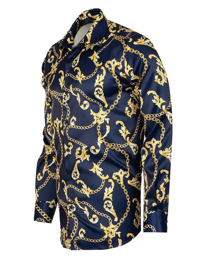 Dark Blue Baroque Chain & Paisley Print Men`s Shirt-Makrom